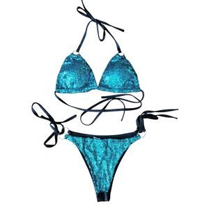 Women's Triangle Bikini Set 2 Pieces Shiny Sequin Sexy Mermaid Rave Ibiza S